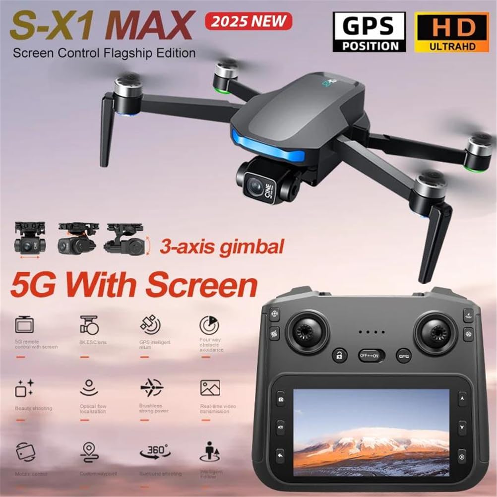 Blanca,Single Battery,Nuevo Drone-x1 MAX GPS Profesional con cámara 4k, cardán de 3 Ejes, FPV aéreo sin escobillas con Pantalla Grande, Control Remoto, dron Plegable