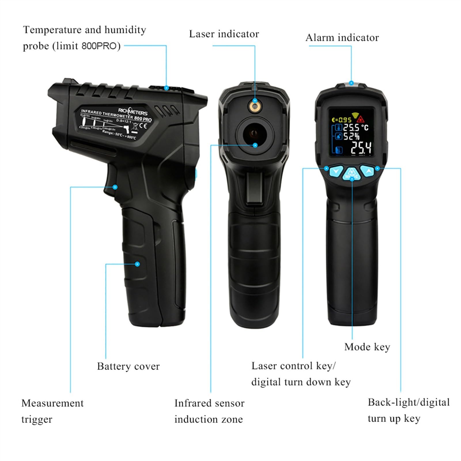 Bezdotykowy termometr na podczerwień cyfrowy pirometr przemysłowy-50 ~ 800C akwarium IR pistolet temperatury (RM800Pro)