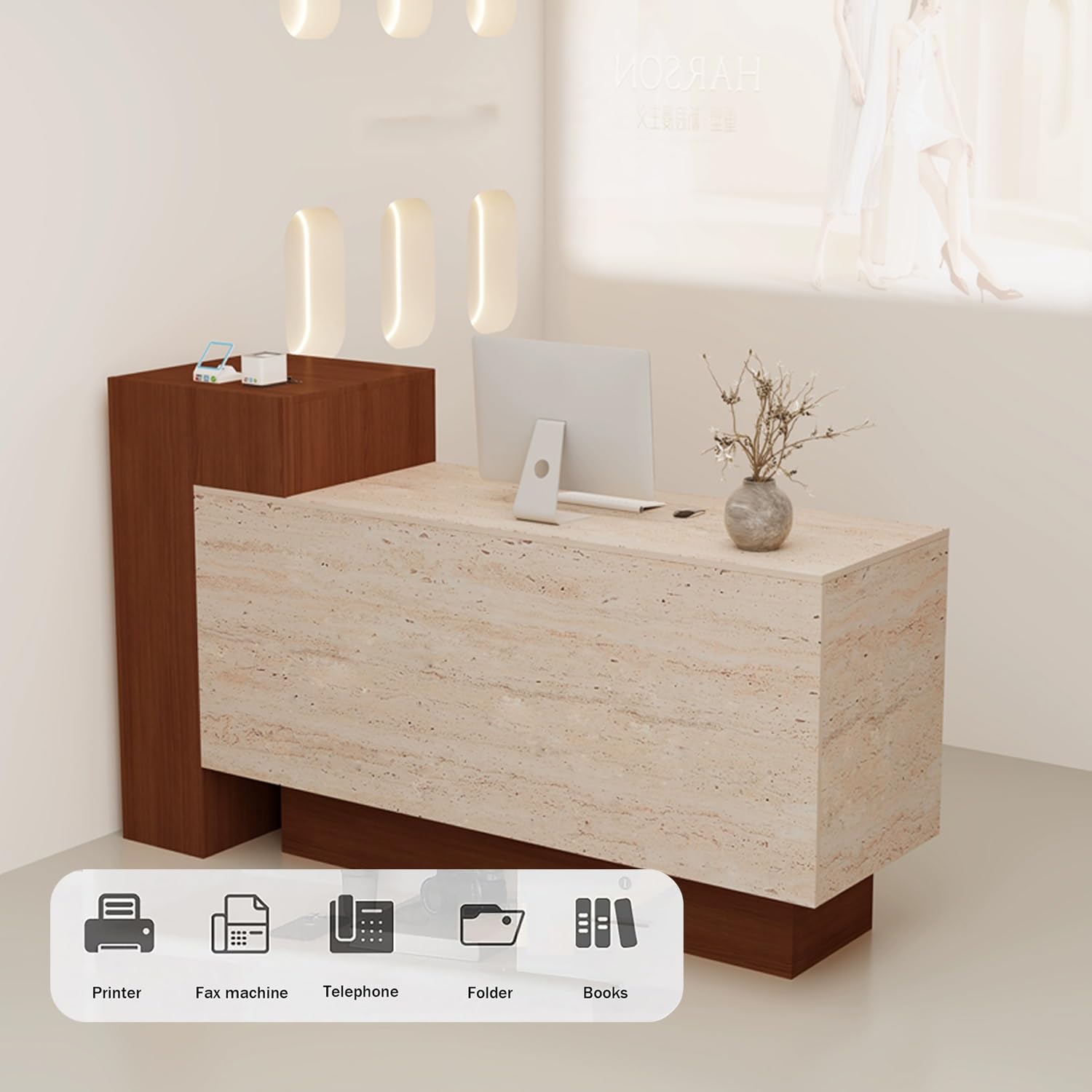 Scrivania da reception in legno, con cassetto chiudibile a chiave, tavolo da ufficio per casa e ufficio, 150 cm, elegante soluzione di archiviazione per reception e soggiorno
