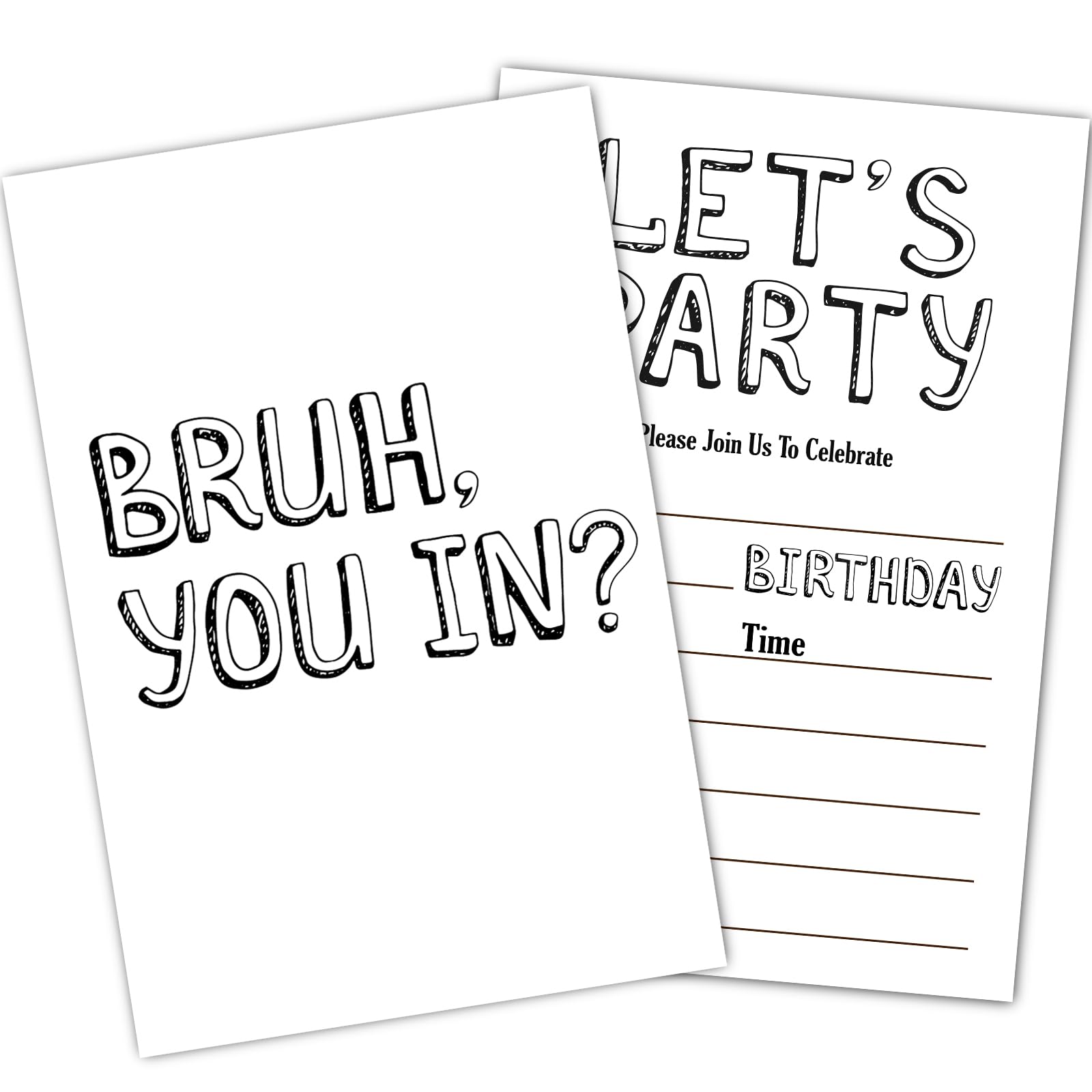 Simple Birthday Invitations, Bruh Invites for Boys Girls Kids, Let's Party Invitation Cards with Envelopes(30 PACK), Black &White Party Invites