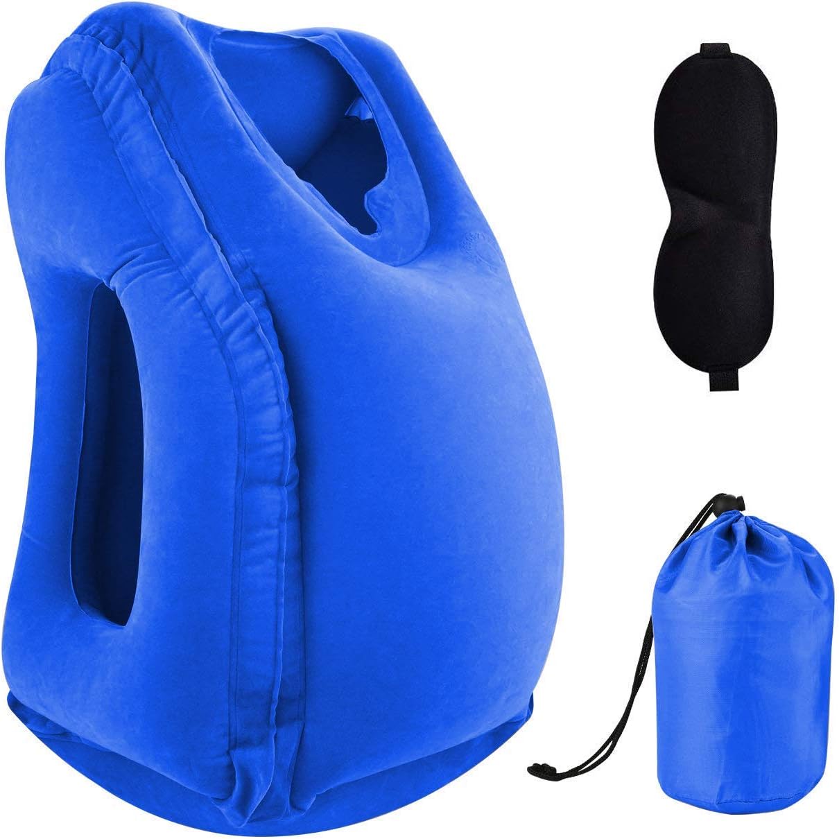 Sweesire Inflatable Travel Pillow, Airplane Pillows, Portable Neck Head Pillow for Kids Traveling, Long Flight, Train, Bus, Office Napping- Come with Eye Mask & Carry Pouch (Blue)