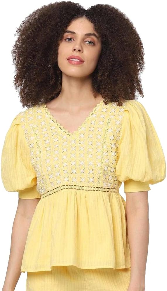 ONLY Embroidered 100% Cotton V Neck Womens Top (S22ON15276585-P)