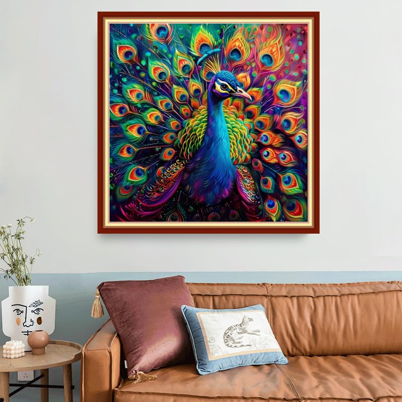 Image of Joyhoor Stamped Cross Stitch Kits for Beginners, Needlepoint Kits for Adults, 11CT Counted Embroidery Kits-Colorful Peacock 18x18 inchs