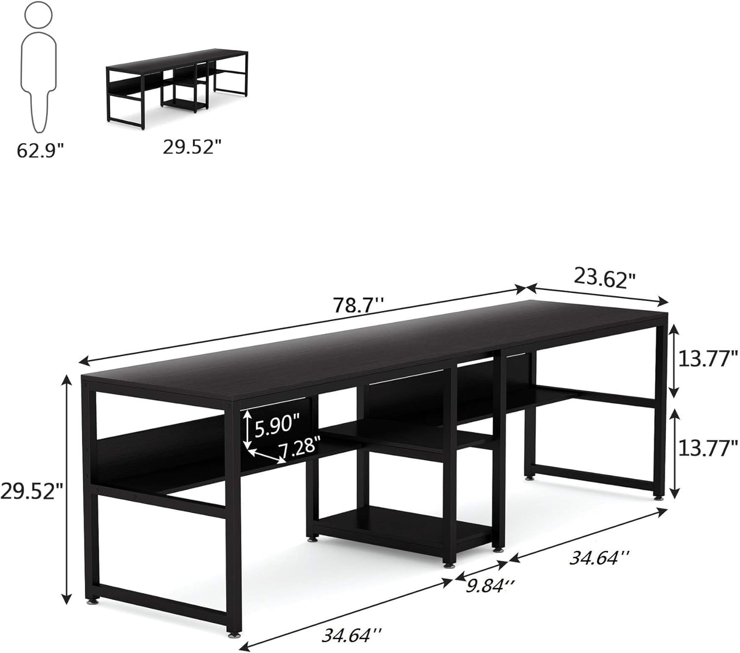 Lailang Tavolo da computer da 79 pollici, doppia scrivania lunga, tavolo da lavoro rustico, tavolo da ufficio con spazio di archiviazione, scrivania per computer, scrivania grande, 79 x 24 x 30