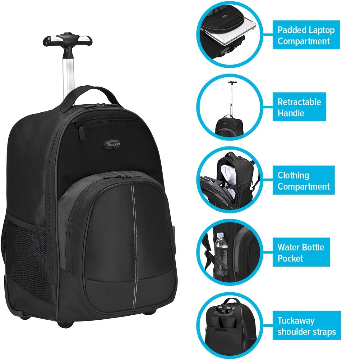 Suреr Brаndѕ Targus Compact Rolling Backpack for Business, College Student and Travel Commuter Wheeled Bag, Durable Material, Tablet Pocket, Removable Laptop Protective Sleeve for 16-Inch Laptop, Black (TSB750US)