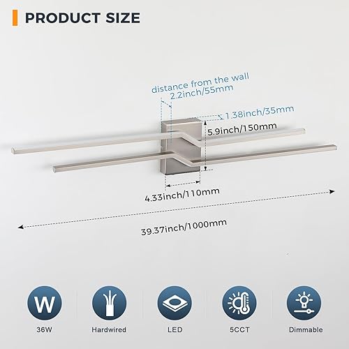 Miniatura 5 de Iluminación Vnaity de 39.4 pulgadas LED luces de baño sobre espejo níquel cepillado regulable 5CCT 36W moderno baño tocador luces bar apliques de