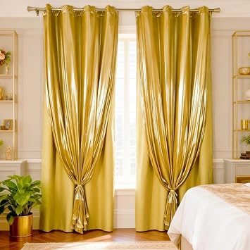 Amidoudou 1 Pair Double Layer Blackout Curtains for Bedroom Luxury Shiny Curtains for Living Room Christmas Shimmer Curtains Gold,54x84 Inch