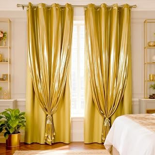 Amidoudou 1 Pair Double Layer Blackout Curtains for Bedroom Luxury Shiny Curtains for Living Room Christmas Shimmer Curtains (Gold,54x84 Inch)