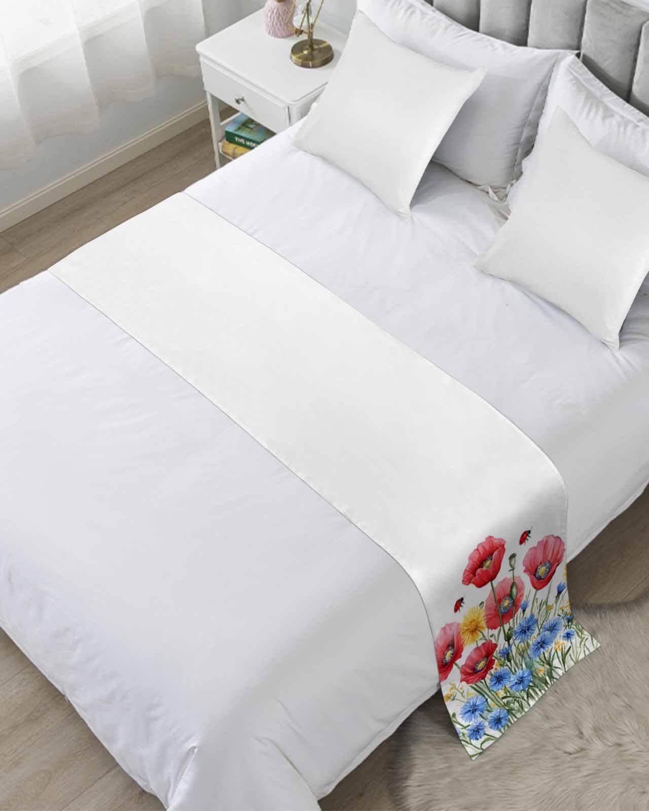 DecorLovee Red Blue Floral Bed Runners for Cal King Size Bed, Decorative Bed Throws for Foot of Bed, Independence Day Watercolor Wildflower Bed Runner Sofa Throw Bedding Scarf Protector for Bedroom