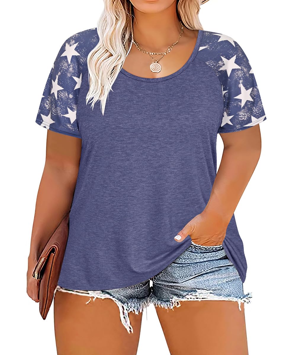 CARCOS Plus Size Tops for Women Short Sleeve Raglan Striped Tee Color Block Crewneck/V Neck Tunic Loose Fit Summer XL-5XL