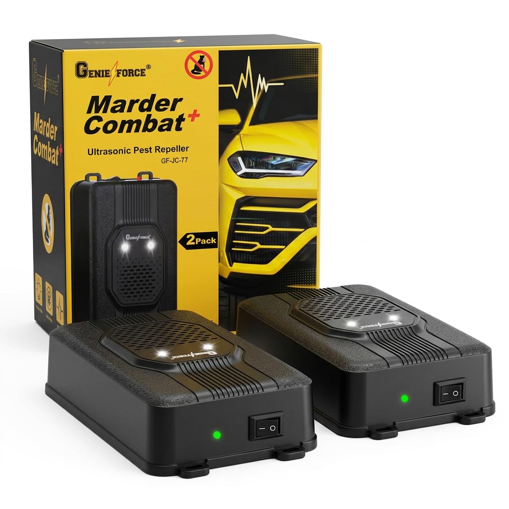 2 x Genieforce® Marder Combat+ Marderschutz, Marderschreck Ultraschall, Marderabwehr, Mäuseabwehr für Autos, Haus, und Garten, Anschluss an 12V Autobatterie, USB oder Batteriebetrieb - GF-JC-77