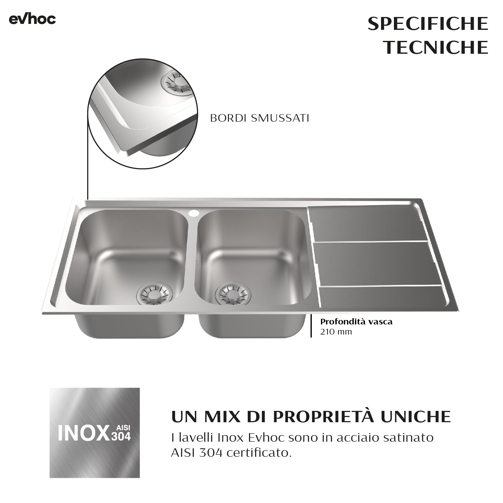 Evhoc Lavello Cucina Sopratop 116x50 cm 2 Vasche Sinistra con Gocciolatoio, Acciaio Inox AISI 304 Satinato, Piletta e Sifone Inclusi Inclusa, Made in Italy, Facile Pulizia, AURA L