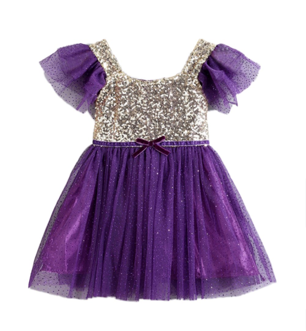 stylesilove Infant Toddler Kids Gold Sequin Tulle Flower Girl Dress, 6 Colors (18-24 Months / 110, Purple)