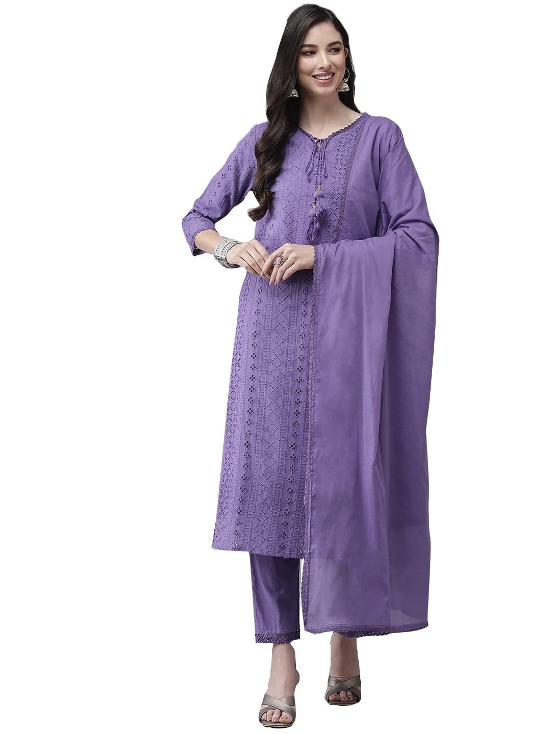Women's Cotton Teal Blue Embroidered A-Line Kurta set With Trouser and Dupatta…-image-31