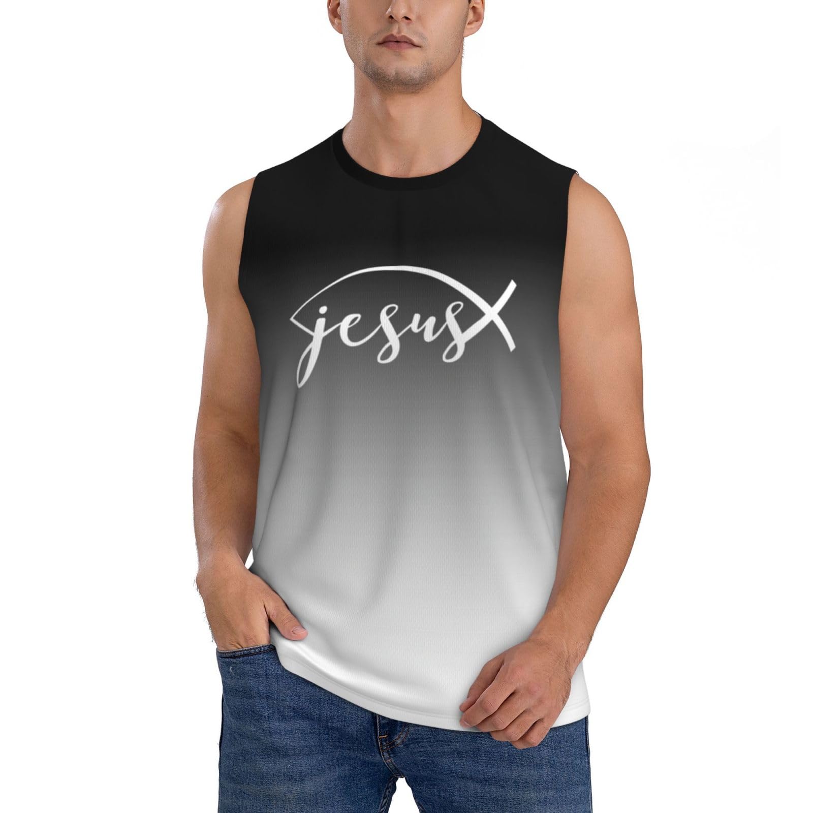 Kwqdozf Men's As Pic Tank Top Jesus Fish Shape For Christian Believers Muscle T Shirts Gym Workout
