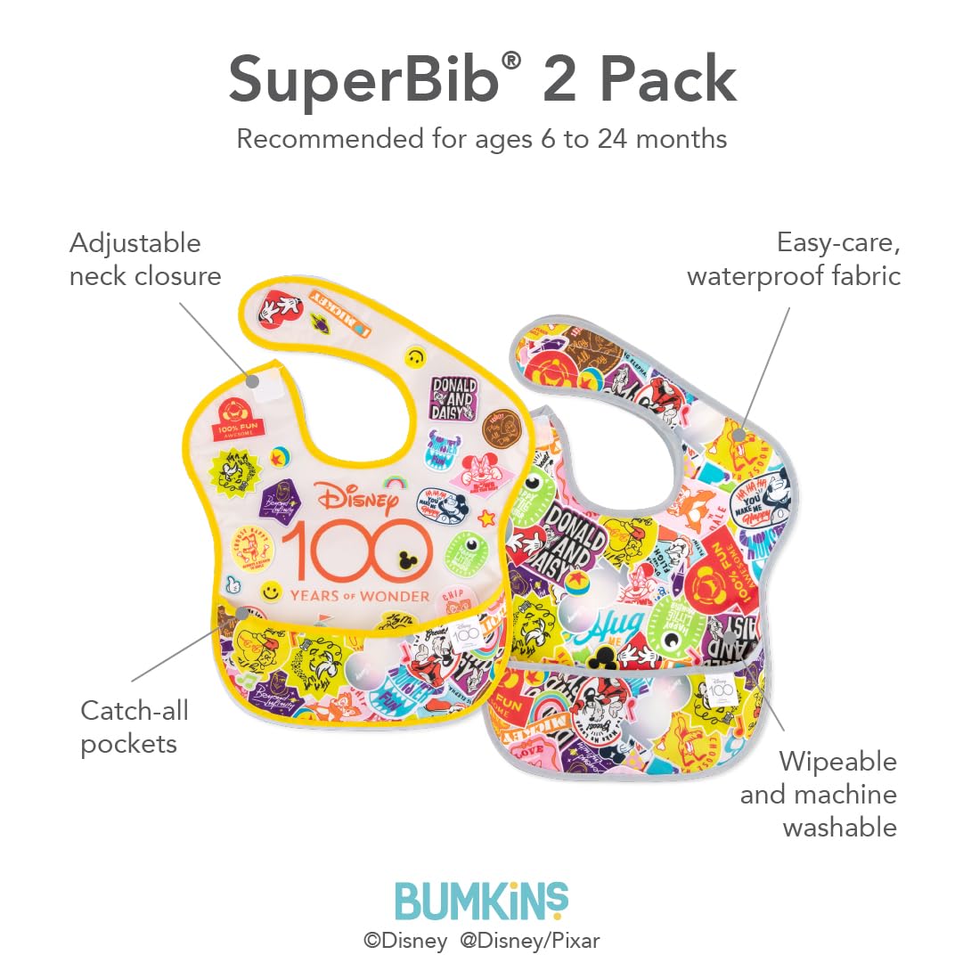 Bumkins Disney Bibs for Girl or Boy, SuperBib Baby and Toddler for 6-24 Months, Essential Must Have for Eating, Feeding, Baby Led Weaning, Mess Saving Catch Food, Fabric, 2-pk 100 Happy Faces
