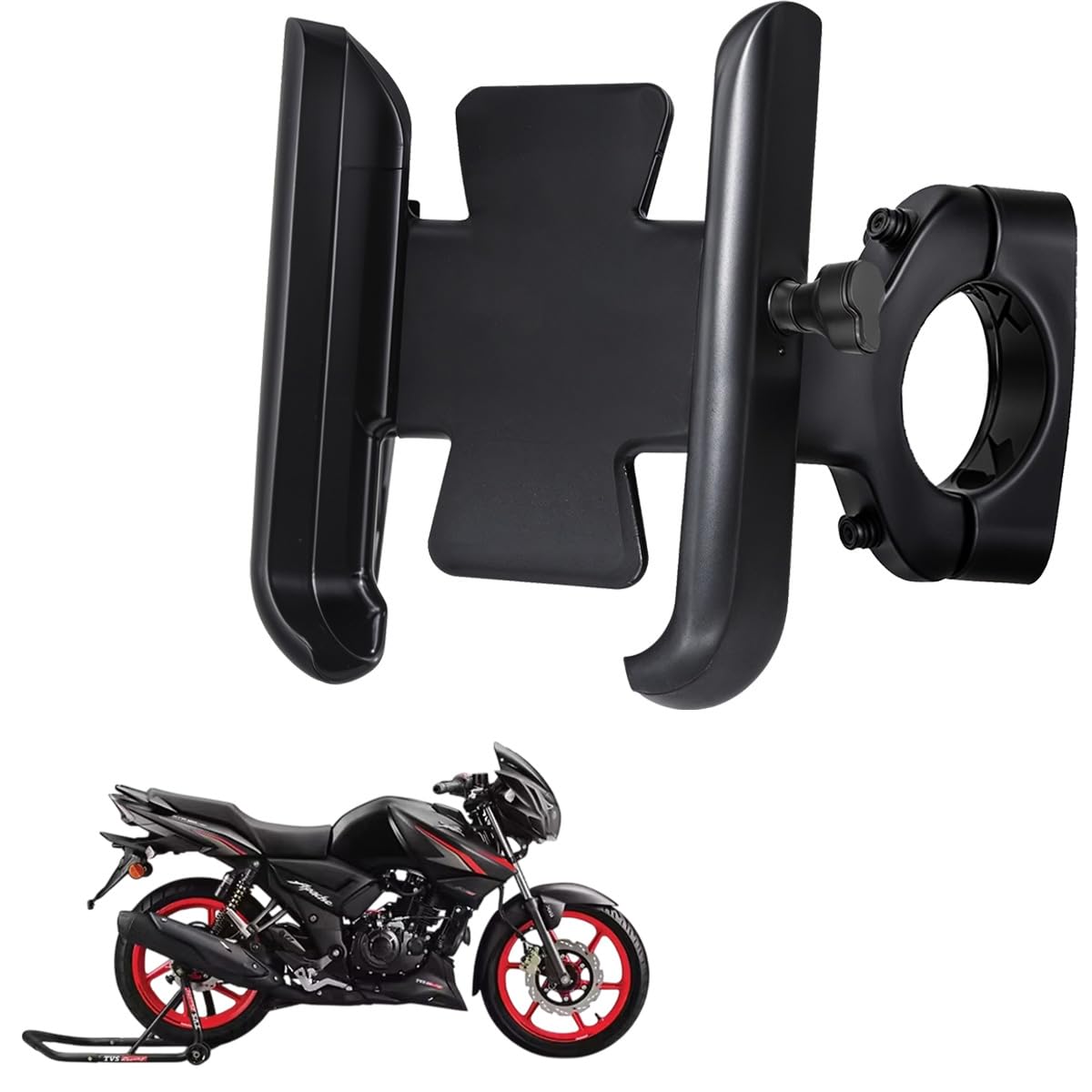 whipone cnc metal bike mobile holder compatible for tvs apache rtr 160, 360° rotation phone mount cradle for bicycle & motorcycle, handlebar for all smartphones, anti-slip, full grip (black)