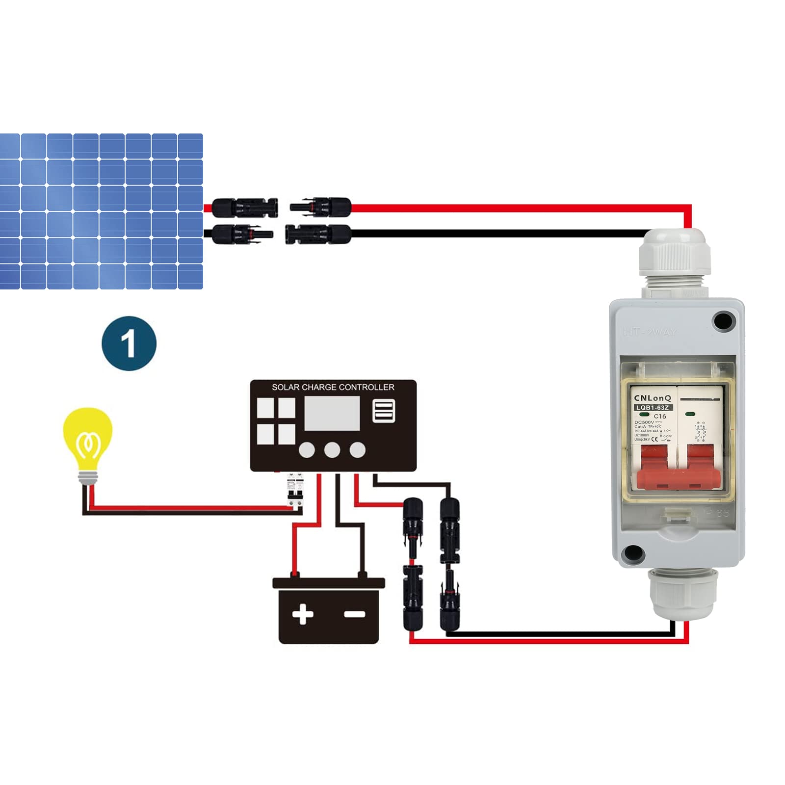 Disjoncteur PV DC - Disjoncteur automatique - 12-500 V - 2 pôles - Avec câble - Fiche solaire IP65 - Étanche - Pour installation solaire (IP65 16 A)