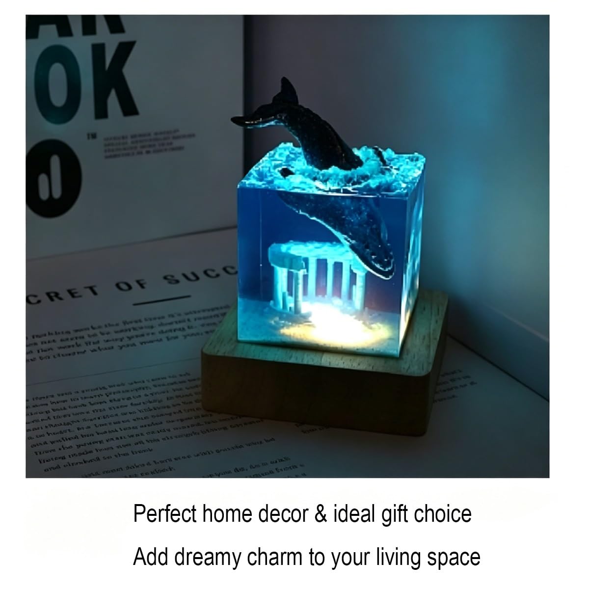 Lampada resina artigianale 3D squalo balena, luce notturna USB base legno, decorazione casa e regalo elegante