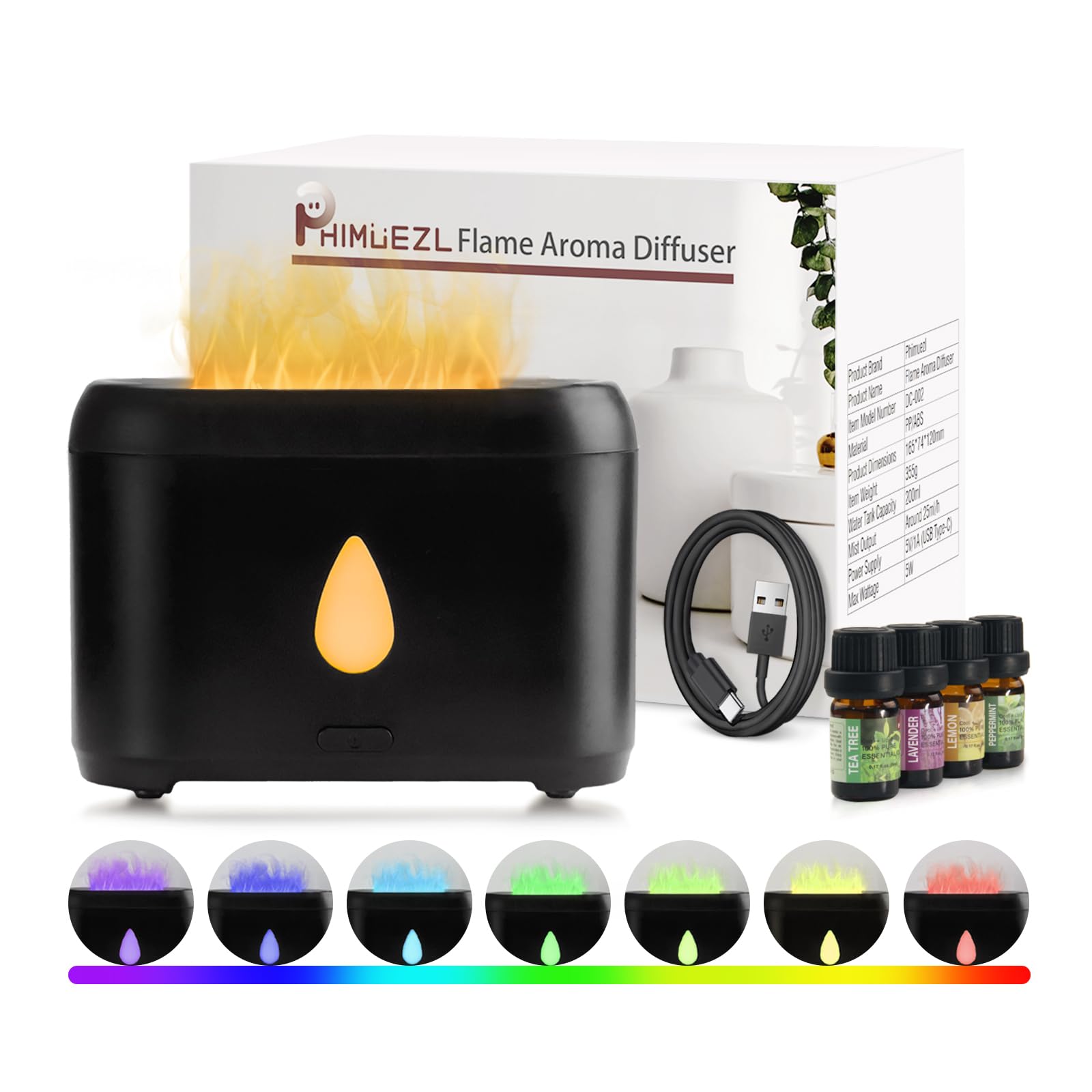 Flame Diffuser for Essential Oils, 200ml Ultrasonic Aroma Diffusers with Cool Mist, Aromatherapy Diffuser with Auto-Off Protection, Small Humidifier for Home,Office,Gift,B(7 Colors)+Oils(Each 5ml)