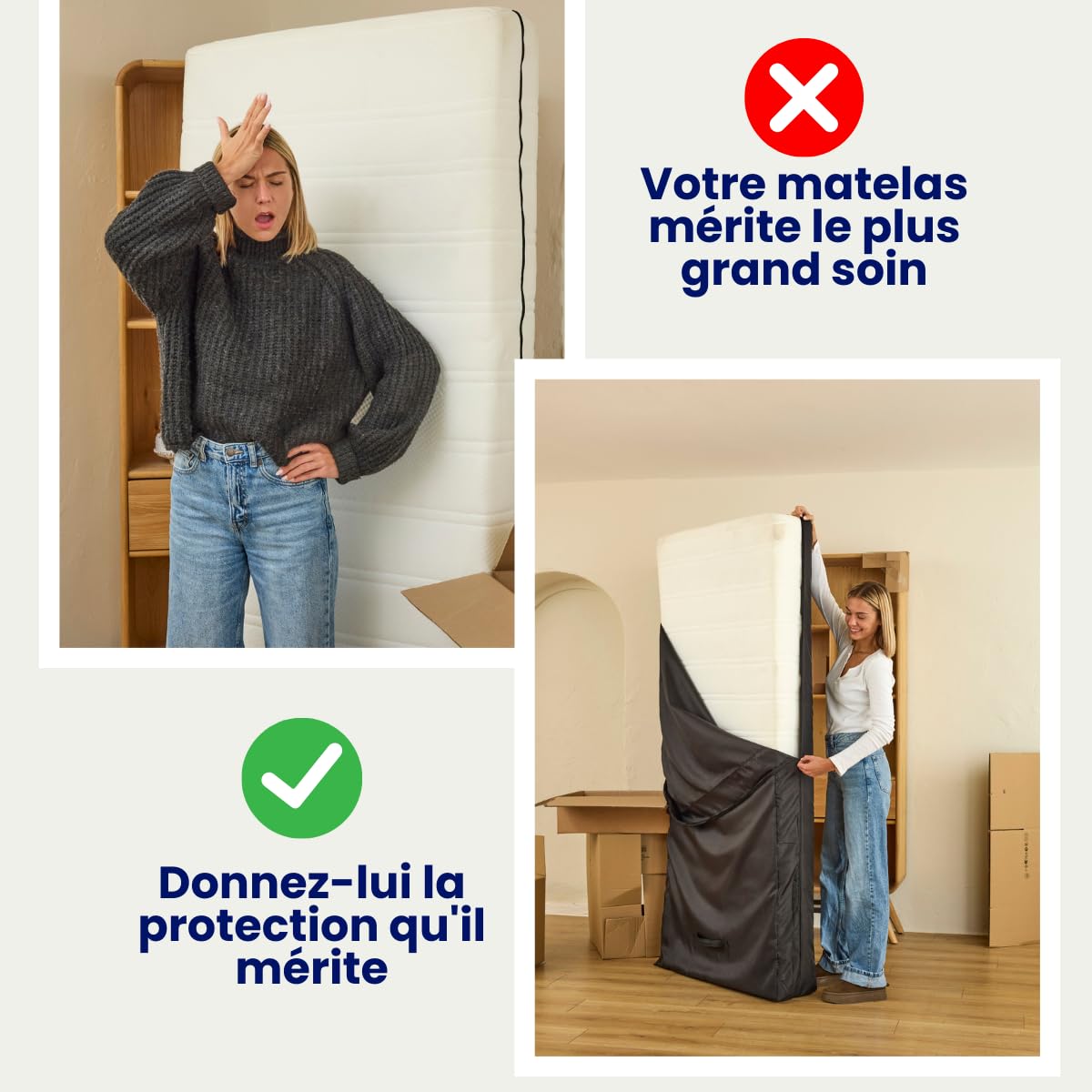 Dreamway - Housse de Déménagement Matelas 180x200 cm | Imperméable et Résistante - 8 Poignées Renforcées, Fermeture Éclair Robuste, Certifiée Oeko-Tex, Réutilisable et Solide