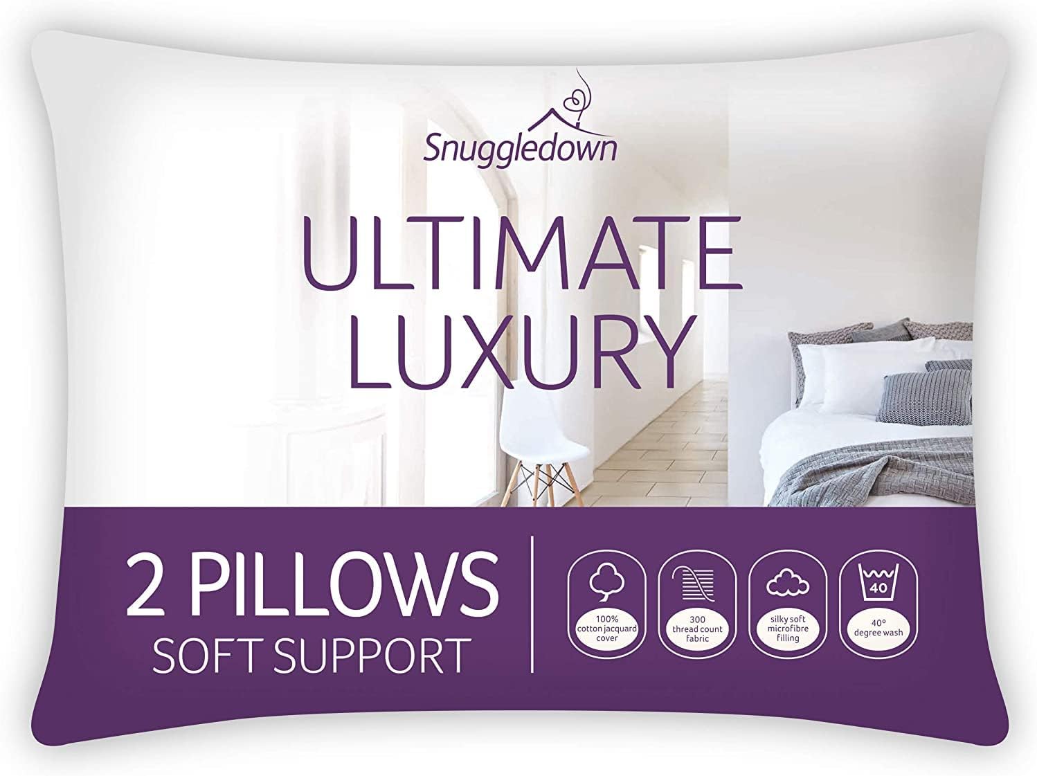 SnuggledownUltimate Luxury White Pillows 2 Pack Soft Support Designed for Front Sleepers Bed Pillows