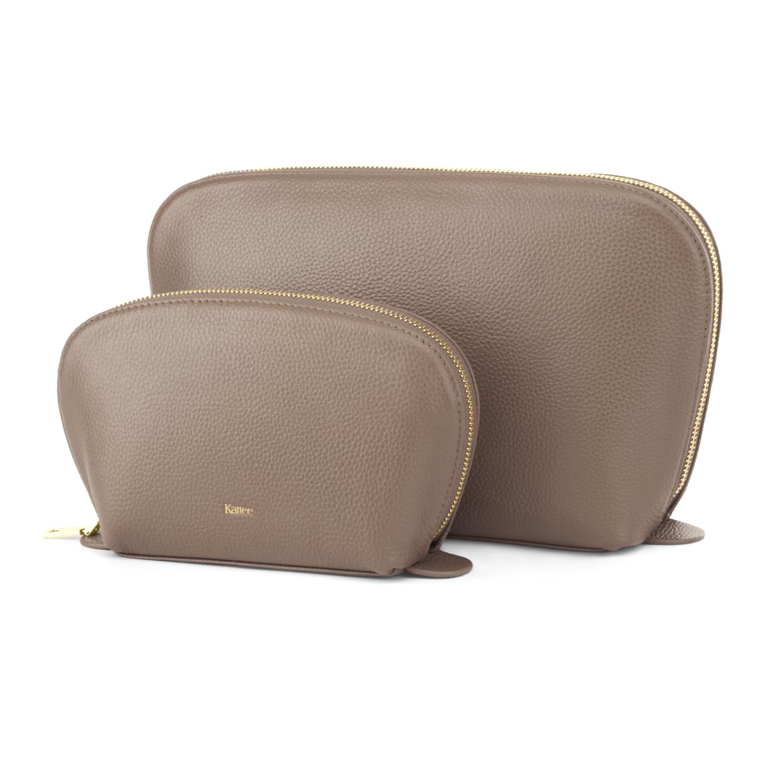 Kattee Leather Makeup Bag, Travel Cosmetic Bag Set, Toiletry Bag Organizer for Women, 2-PACK, Khaki