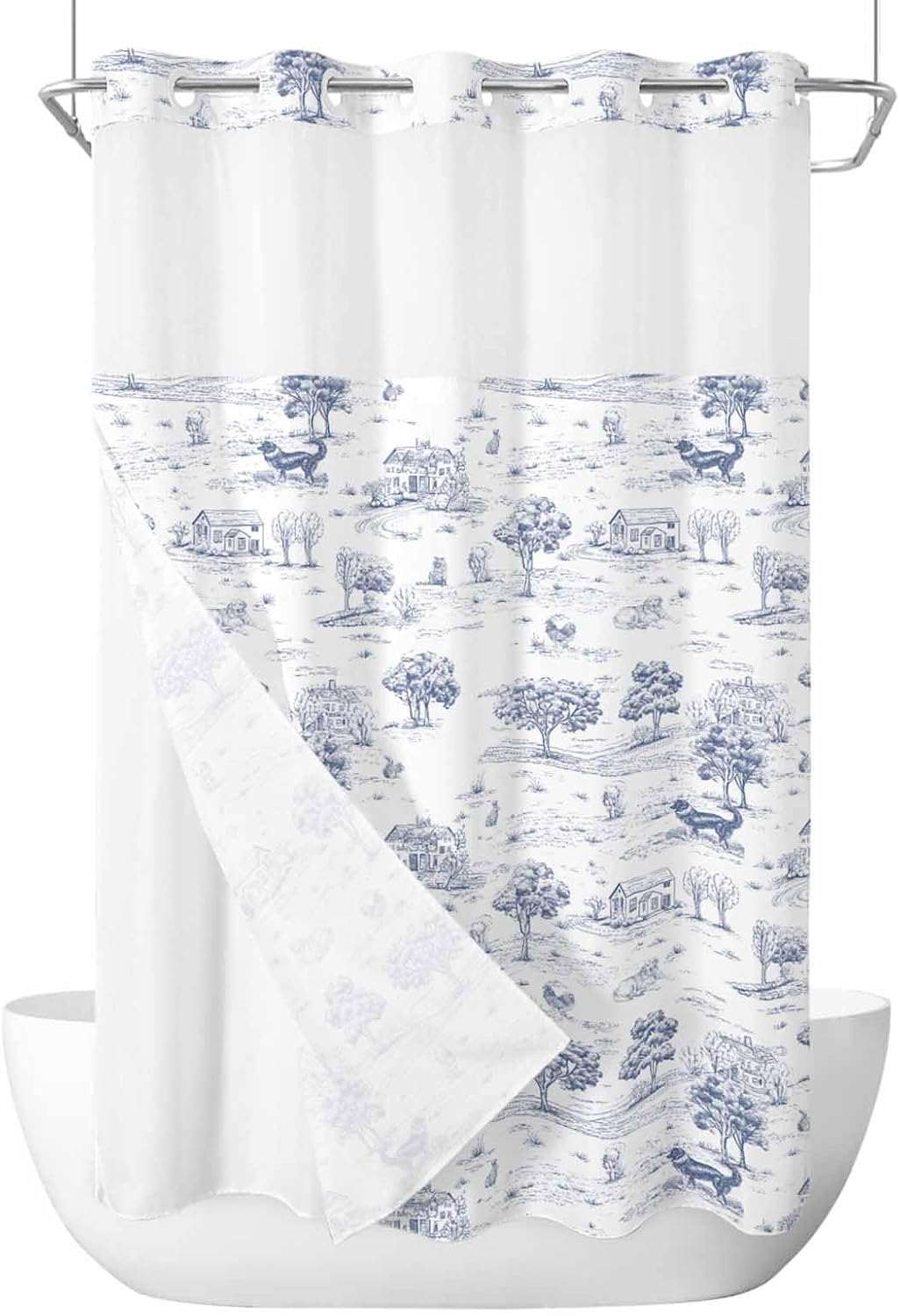 No Hook Shower Curtains, Navy Blue Country Small Shower Curtains with Snap in Liner, Farmhouse Rustic Tree Animals Abstract Waterproof Washable Fabric Bathroom Shower Curtain Sets, 36" x 72"