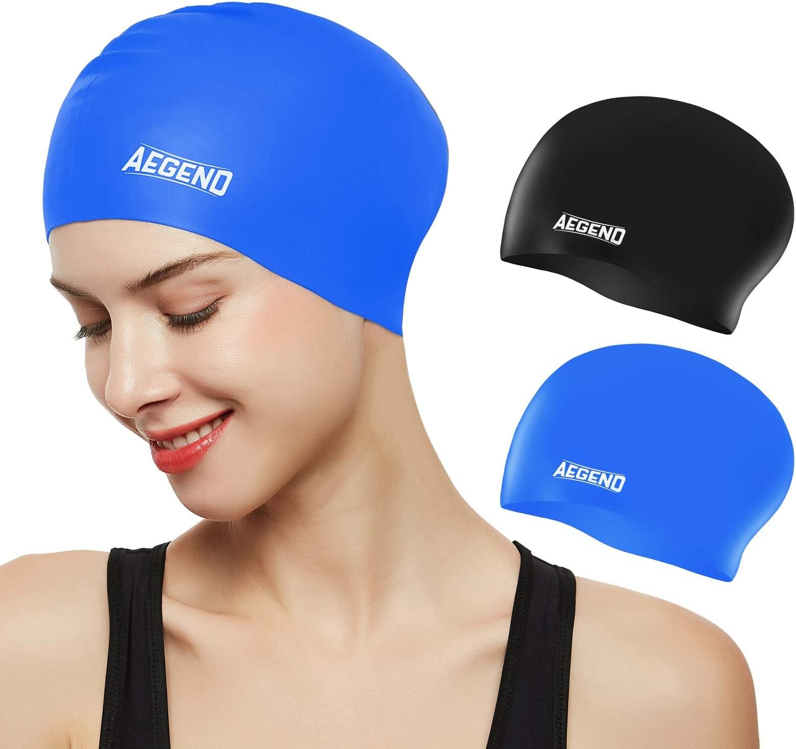 aegend Swim Caps for Long Hair (2 Pack), Durable Silicone Swimming Caps with Spacious Space for Women Men Adults, Easy to Put On and Off, Black Blue