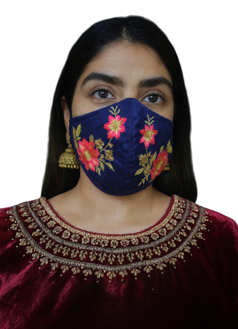 Fancy Cotton Embroidered Face Mask, lami 3-ply Designer Mask Fancy Sequin Embroidery Mask Washable & Reusable Fabric-image-34