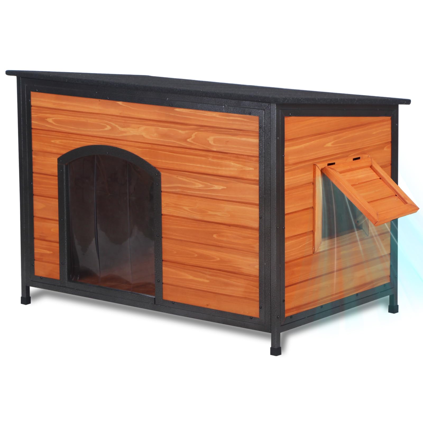 Outdoor Wooden Dog House Weatherproof Chew Resistant Metal Frame 43.3 Inch