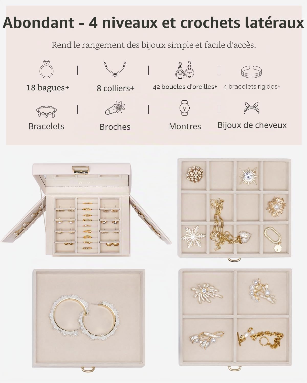 Vlando Grande boîte à bijoux à 4 niveaux - En cuir synthétique - Avec miroir et tiroirs - Organiseur de bijoux - Doublure en velours - Beige