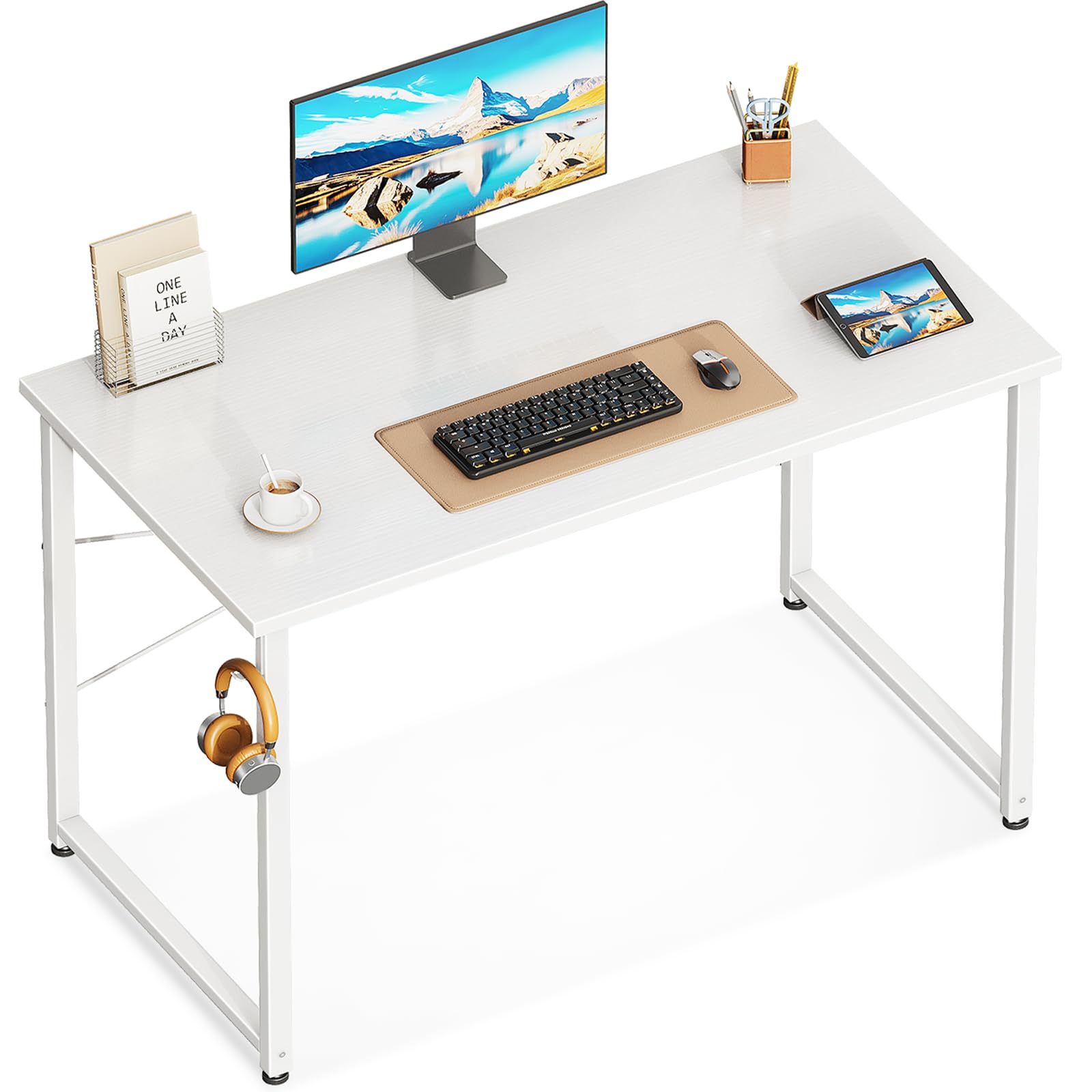 ODK 40 Inches Small Desk for Home Office, Computer Study Table for Small Spaces, Writing Desk with Headphone Hooks, White