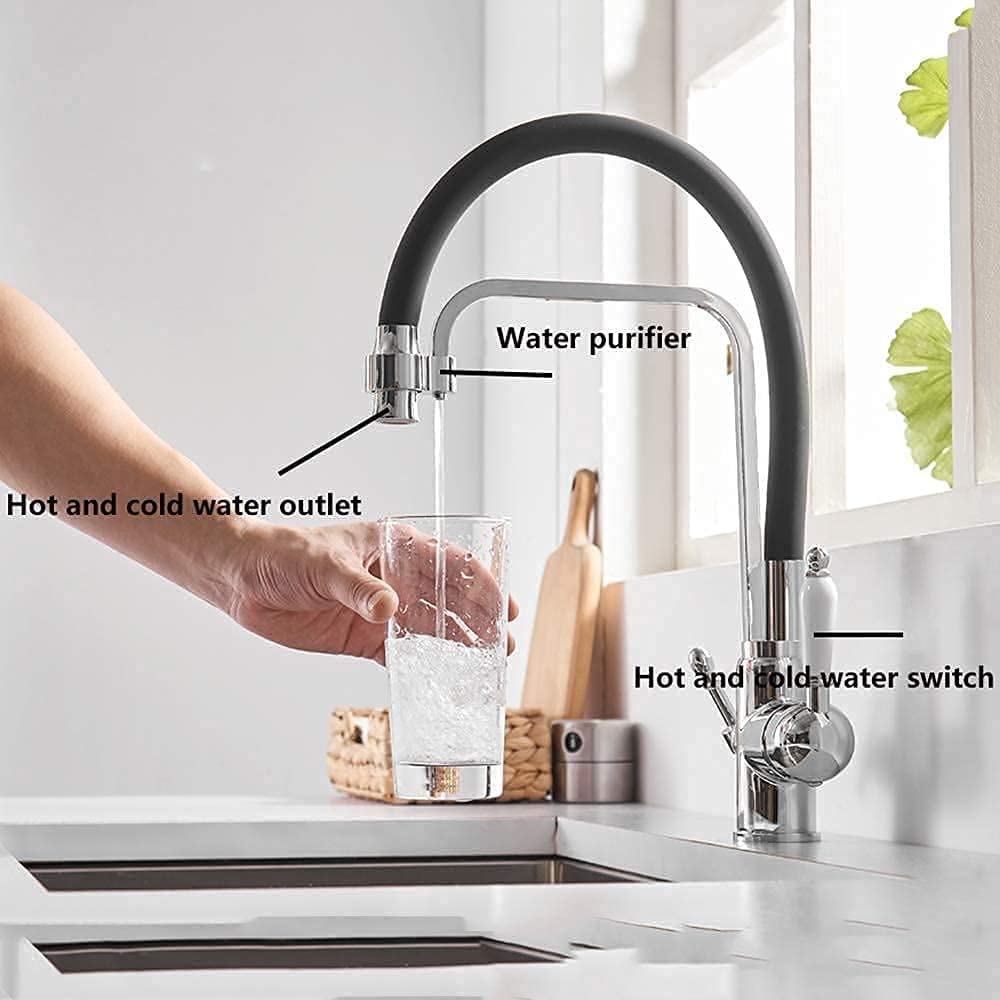 Rubinetto for lavello della cucina Rotante a 360 gradi Può abbassare lo spruzzo Doppi spruzzatori con miscelatore a doppia maniglia filtro for acqua pura(Blue)