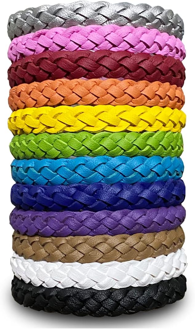 12 Pack Mosquito Repellent Bracelets, Solid Color Individually Wrapped Leather Insect & Bug Repellent Wrist Bands for Kids & Adults Outdoor Camping Fishing Traveling