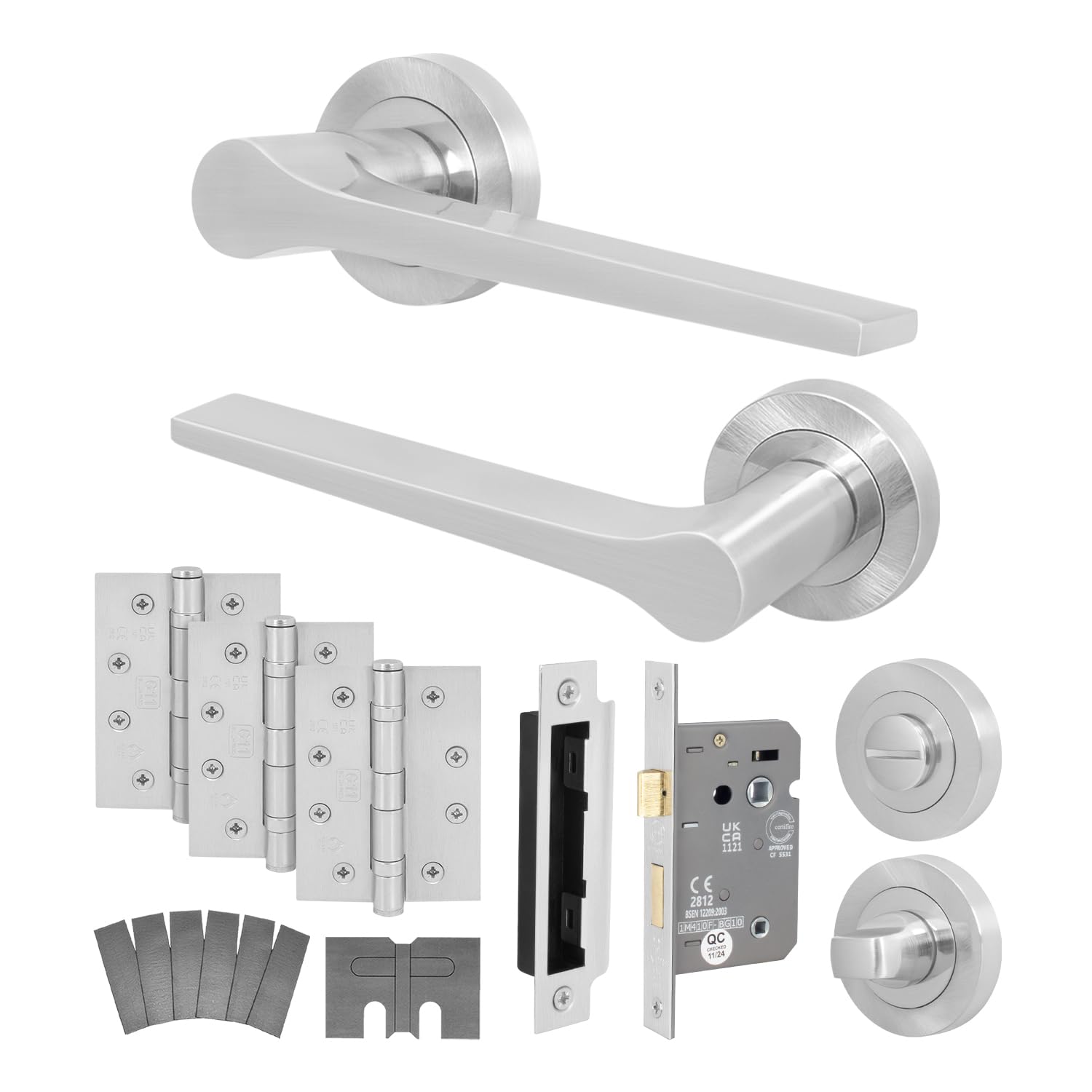 Eai Satin Nickel Satin Fire Door Handle Bathroom Set, Internal Fire Rated Door Handle With 80Mm Bathroom Lock And 102Mm Hinges, Tarna Range 1 Pack