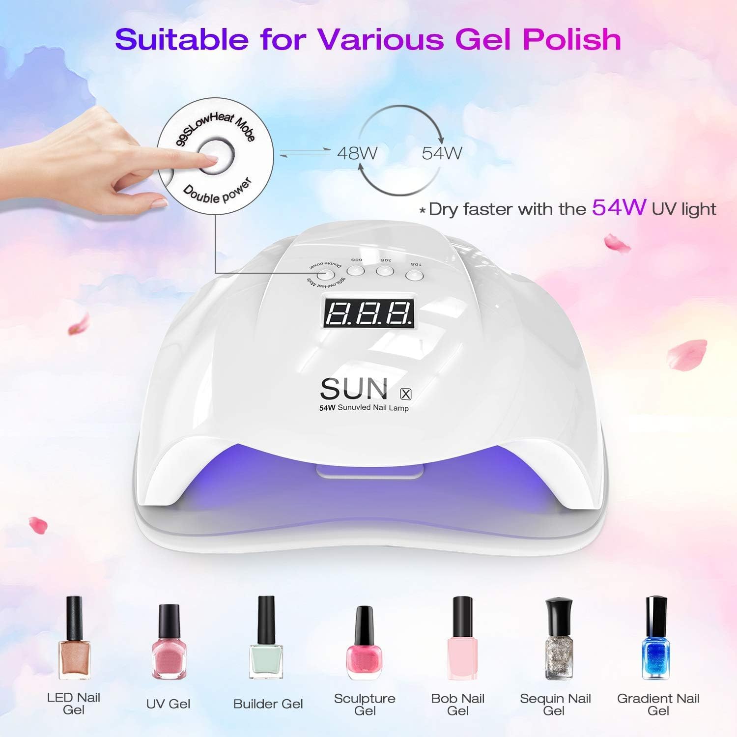 SQUADO Lampada UV LED per Unghie, 54W, Display Digitale, 4 Timer, Lampada Unghie Professionale per Manicure e Pedicure, Sensore Automatico, Bianco