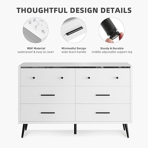 Miniatura 4 de DWVO White 6 Drawers Dresser, Modern Wood Dresser Chest of Drawers with Black Metal Handle  Anti-Tipping Device, Modern Double Dresser Storage