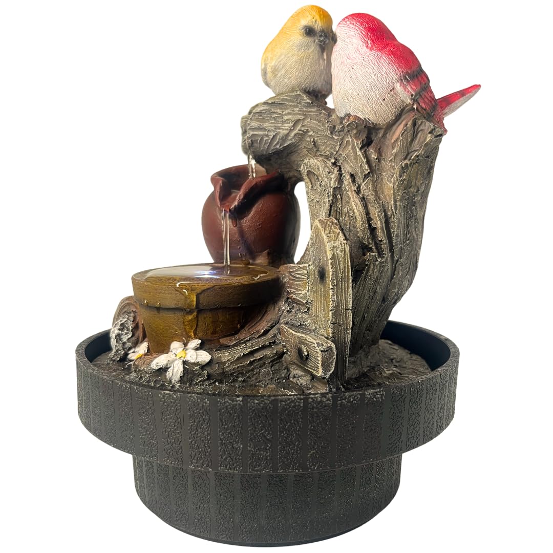 ABC Home LED Zimmerbrunnen Vögel – Dekorativer Tischbrunnen in Naturstein-Optik – Mini-Wasserfall aus Polyresin mit Beleuchtung – Beruhigendes Wasserspiel für Innen – 25 cm Hoch