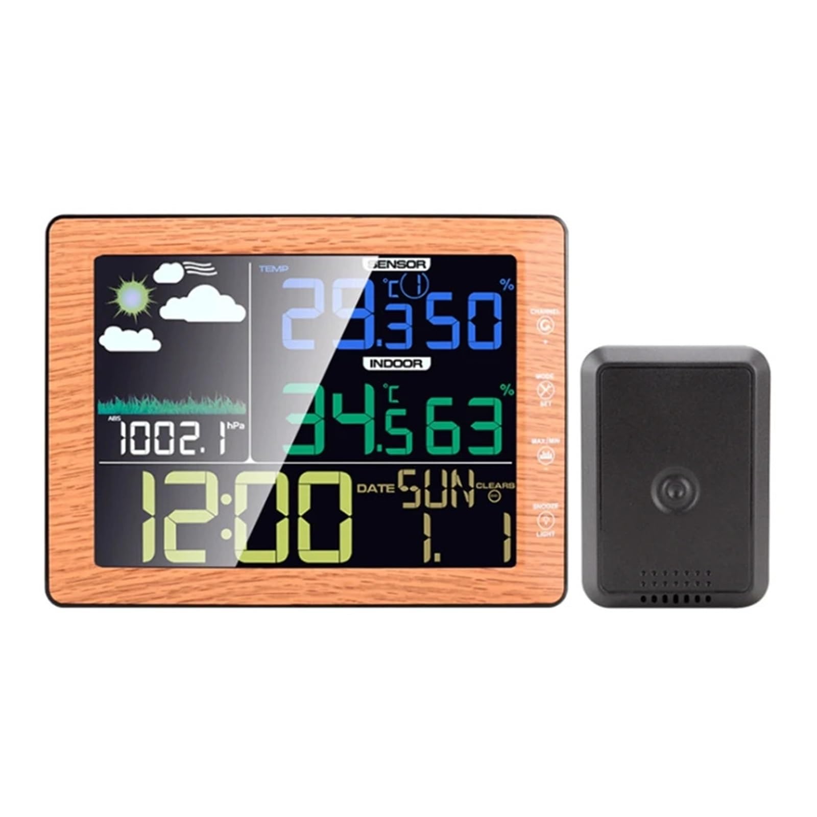 Wireless Color Screen Weather Station Clock Indoor Outdoor Temperature Humidity Meter Forecast Sound Control -40-60C(Wooden)