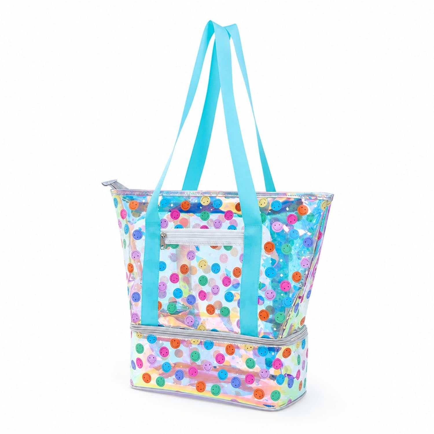 Iridescent Tote Bag with Wet Compartment Glossy Swim Storage Bag Waterproof Wipe-Clean for Beachgoers, Swimmers, Travel, Gym, Smiley Laser-image-47