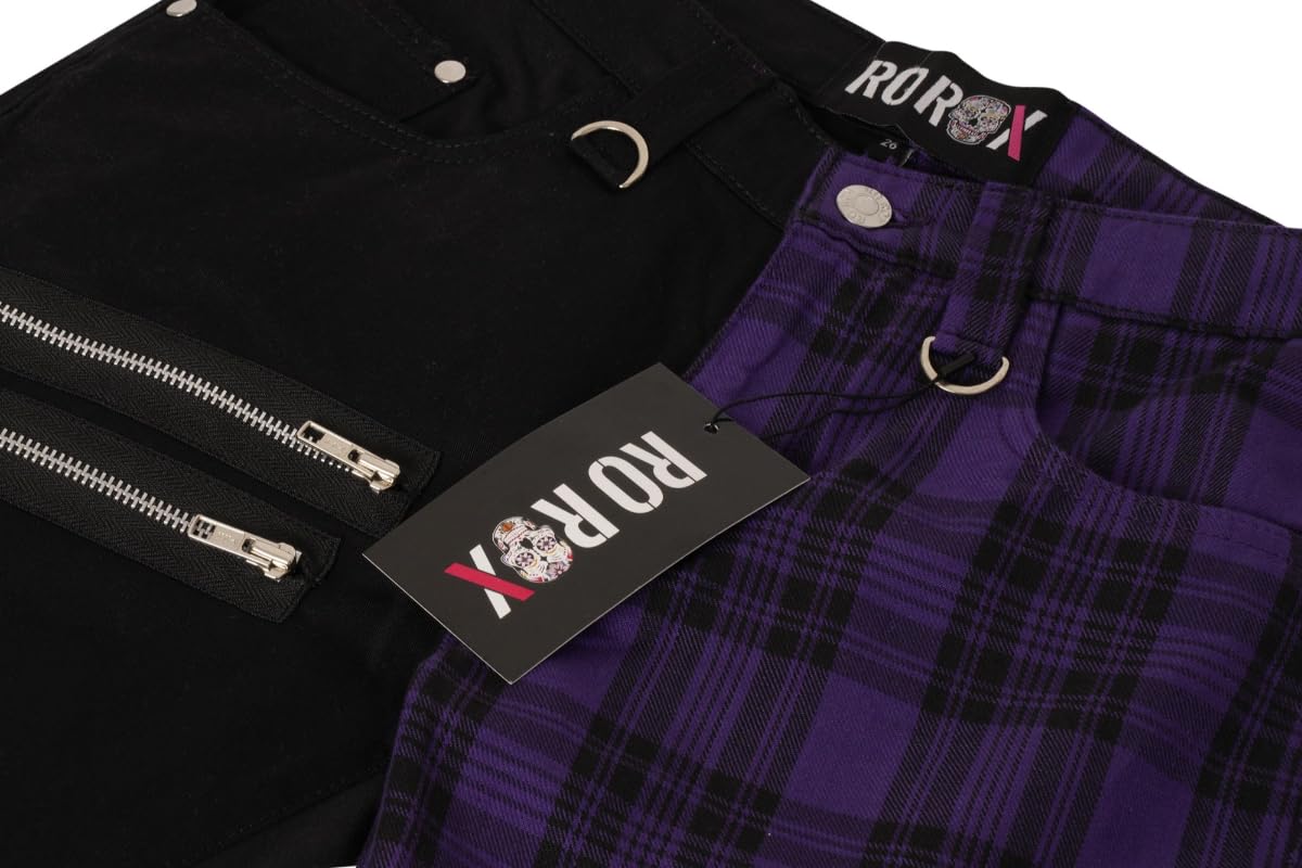 Ro Rox Spodnie Split Check Tartan Unisex Spodnie w kratę Emo Punk Gothic Half Half