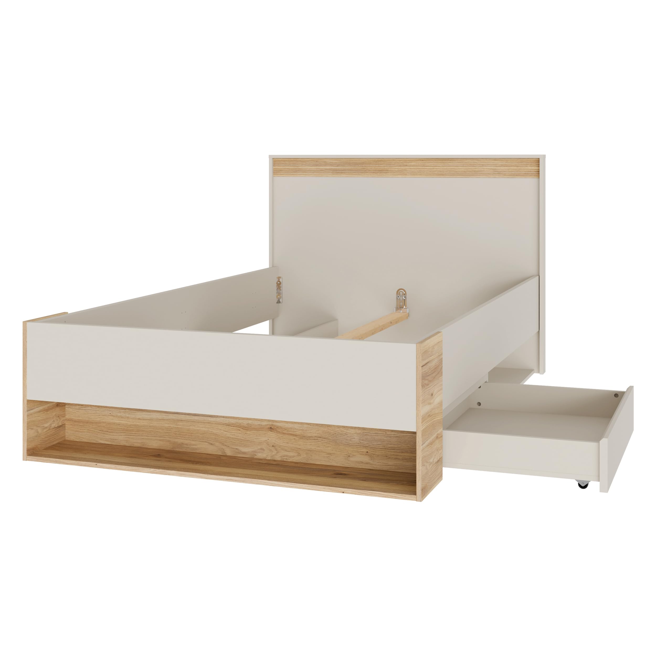 Forte WEXLIN Bettgestell, Liegefläche 120 x 200 cm, modernes Bett mit Schublade und Regal, Kinder- und Jugendzimmer,Kaschmir|Beige|Mauvella Eiche Holzdekor, 130 cm breit x 96,3 cm hoch x 210,8 cm tief