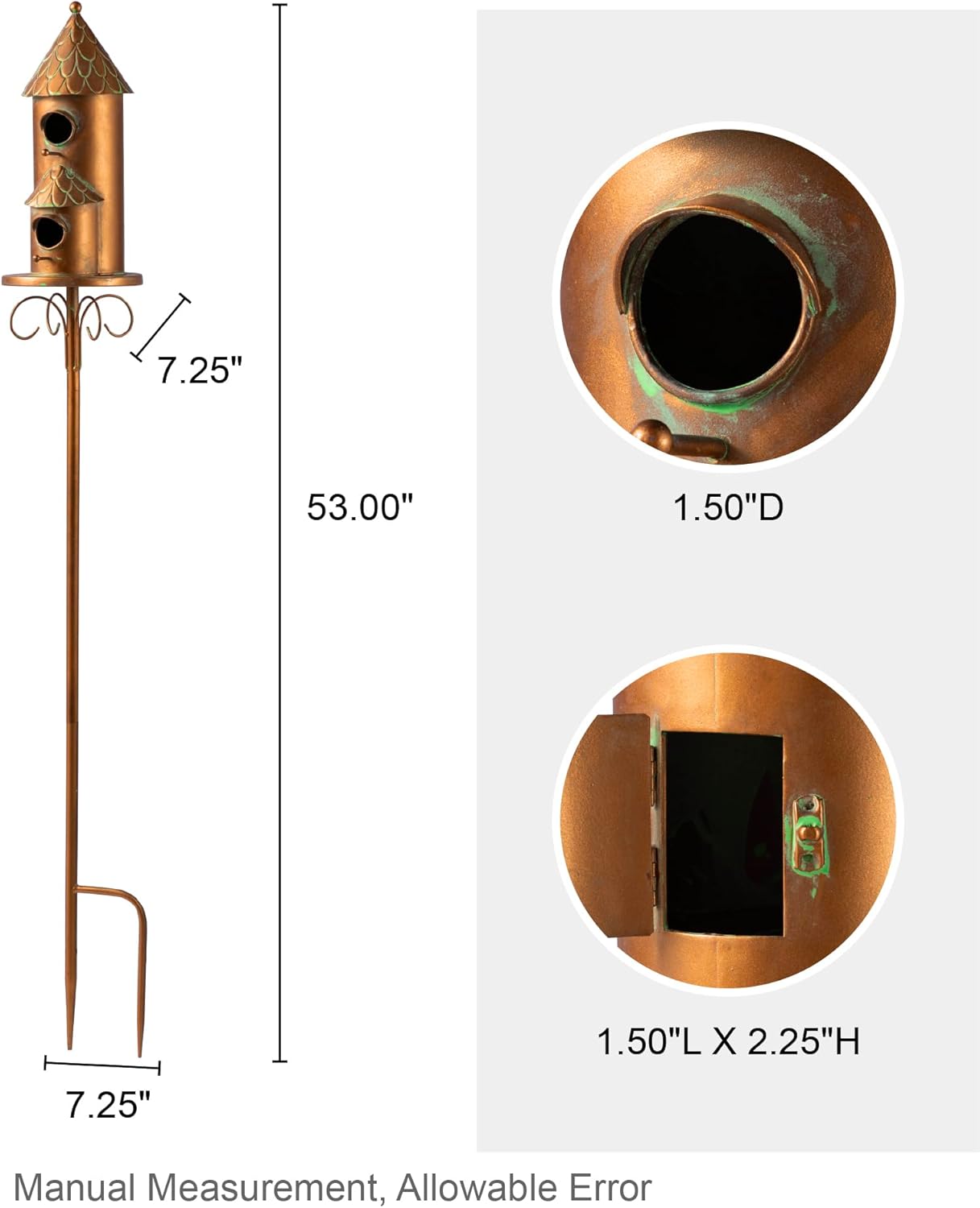 Glitzhome Birdhouses for Outdoors, Bird Houses for Outside, 53" H Farmhouse Faux Copper 2-Tiered Distressed Metal Bird House Decorative Garden Birdhouse with Stake