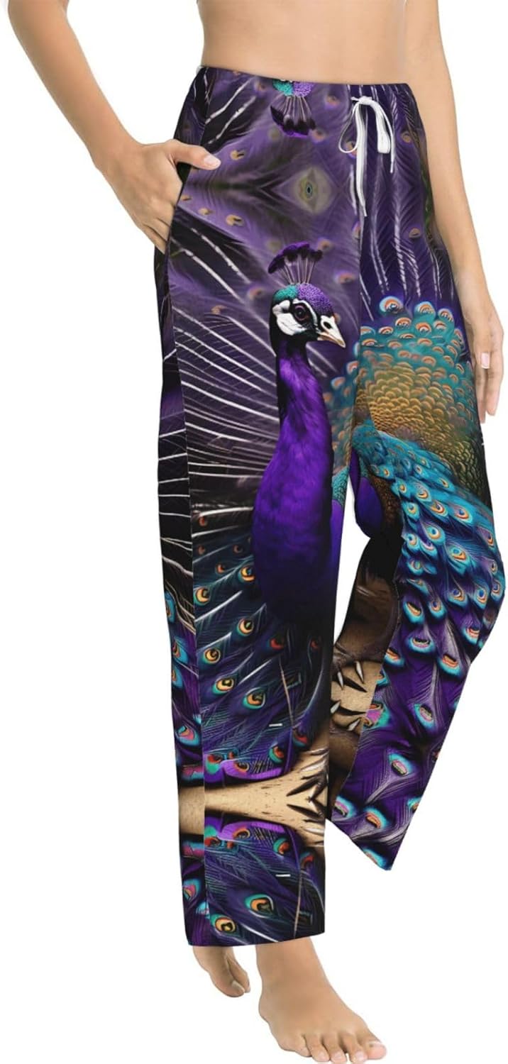 Purple Peacock Print Cozy Christmas Pajama Pants,Flannel Pajama Bottoms,Cater To Various Body Types
