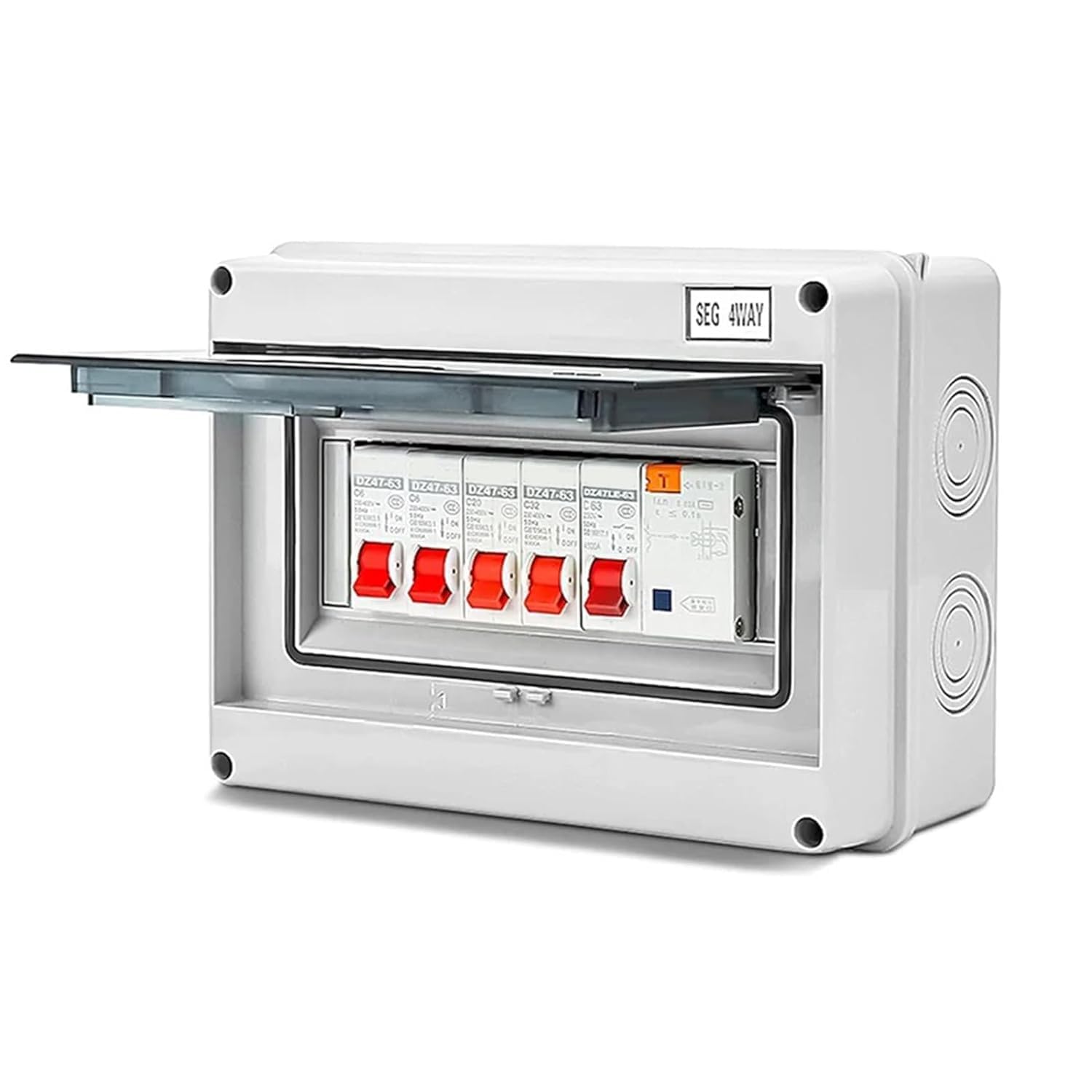 4 Way Consumer Unit, 63A 30mA RCD + 4MCB (2×6A+20A+32A) Fuse Box, IP65 4 Way Electrical Consumer Unit Fuse Box for Caravan, Workshop, 230/400V Electrical Protection