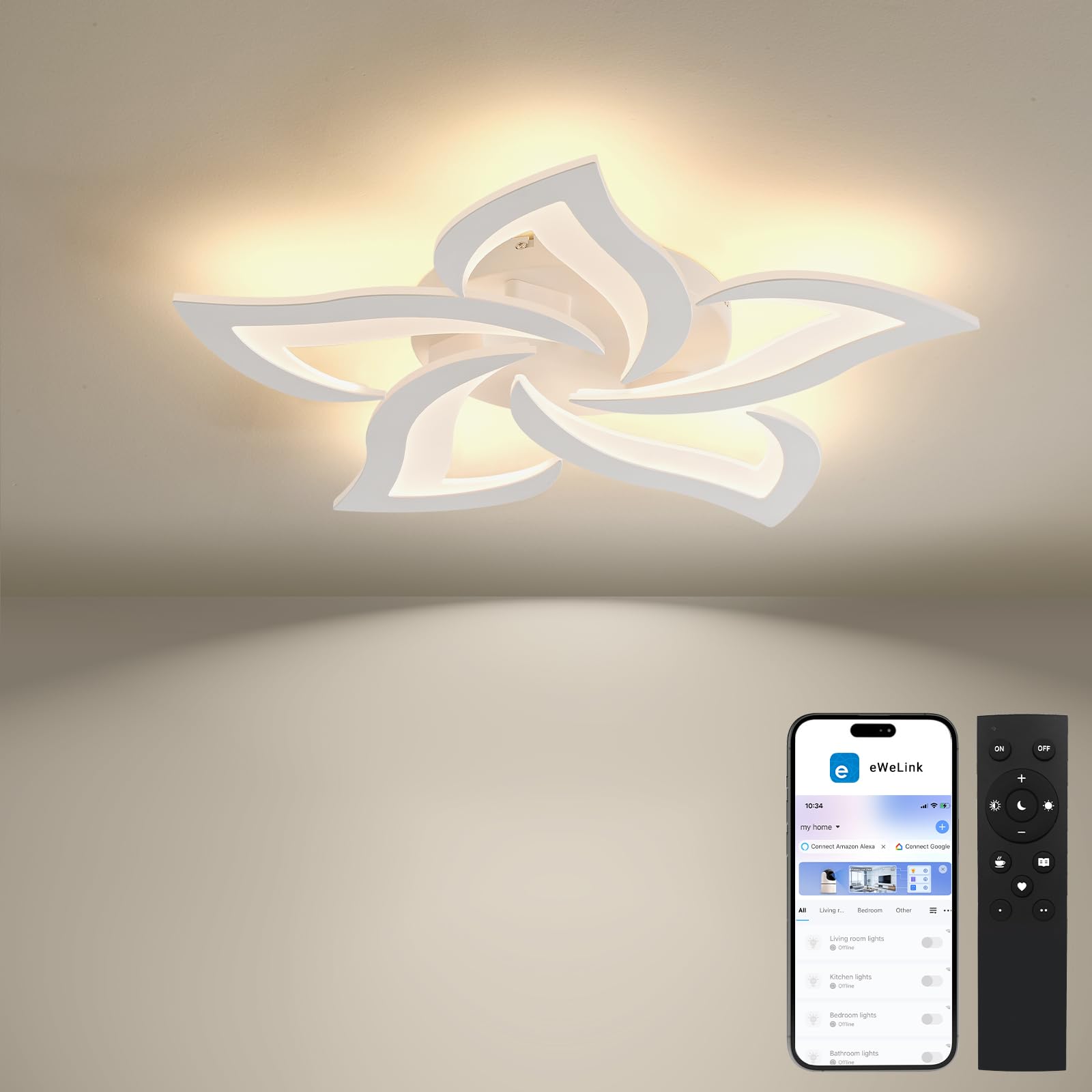 BAYHT Smart LED Deckenleuchte Dimmbar, Kompatibel Mit eWeLink App, Blumen Deckenlampe für Wohnzimmer Schlafzimmer, Moderne Lampe Decke Beleuchtung, Großer Kronleuchter 5 Heads/Ø63cm/24W