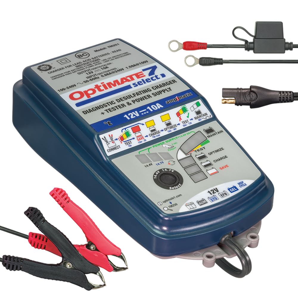 Optimate 7 Select 12V 10A Cargador y Mantenedor de Batería – Carga Automática 9 Pasos para 12V Plomo-Ácido y Ciclo Profundo – Voltaje Seleccionable y Modo Fuente – Seguro