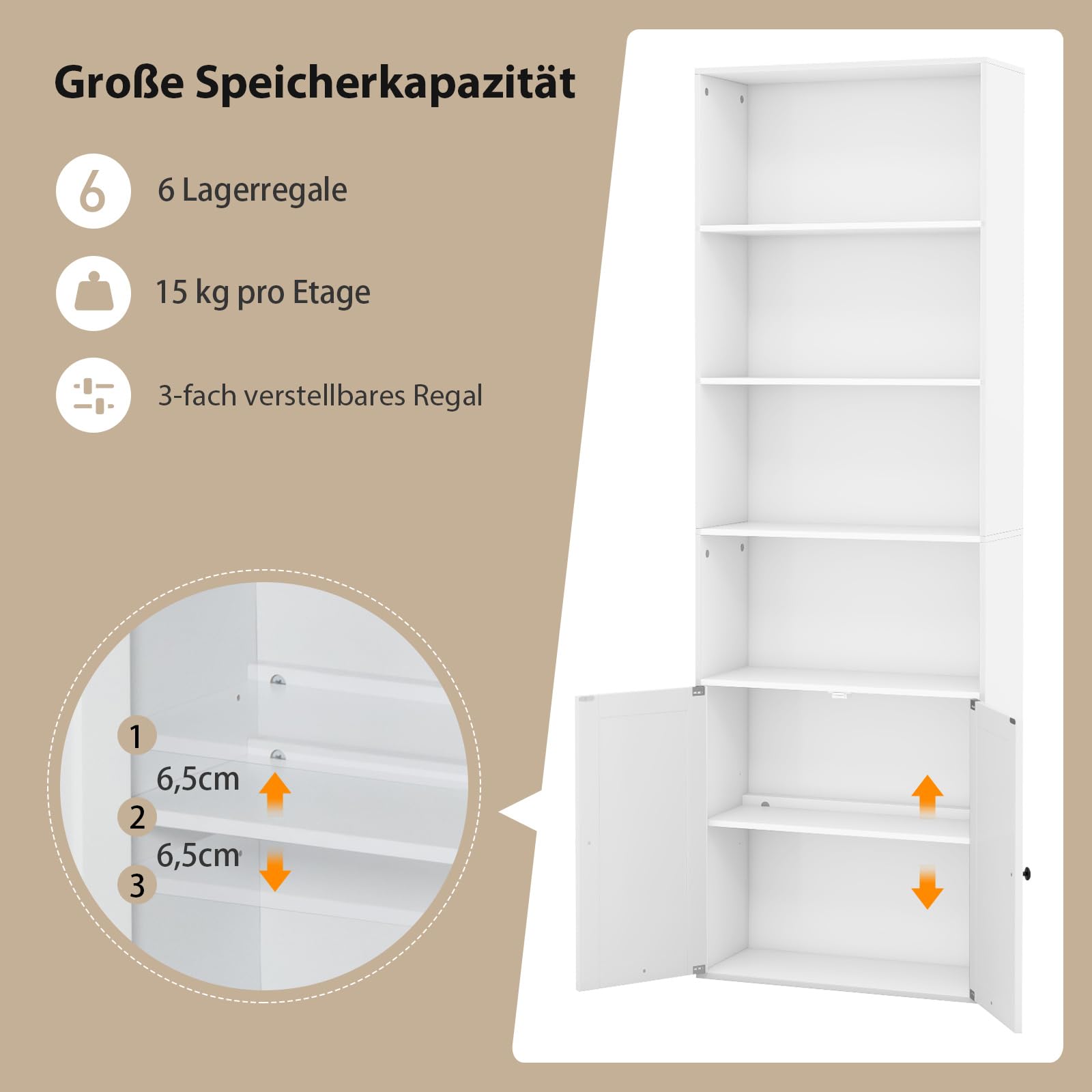 COSTWAY Bücherregal mit Türen & 4 offenen Fächern, 180 cm hohe Bücherschrank, Standregal, Aufbewahrungsregal für Wohnzimmer, Schlafzimmer, Küche, Weiß
