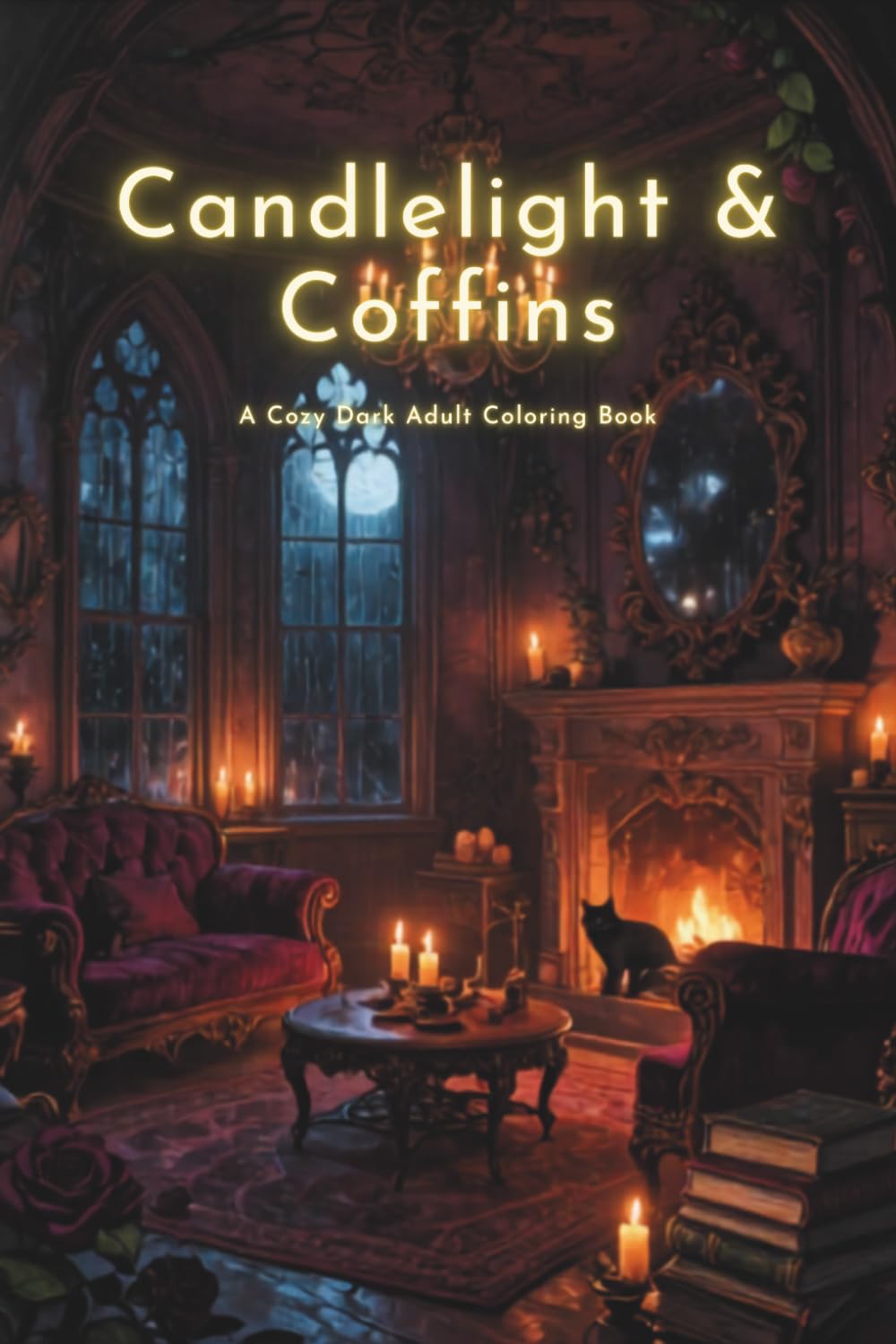 Candlelight & Coffins: A Cozy Dark Adult Coloring Book Featuring Cozy Vampire Mansions, Gothic Libraries, Candlelit Rooms, Rainy Nights, Black Cats, ... Academia Charm (Velvet Nocturne Collection)
